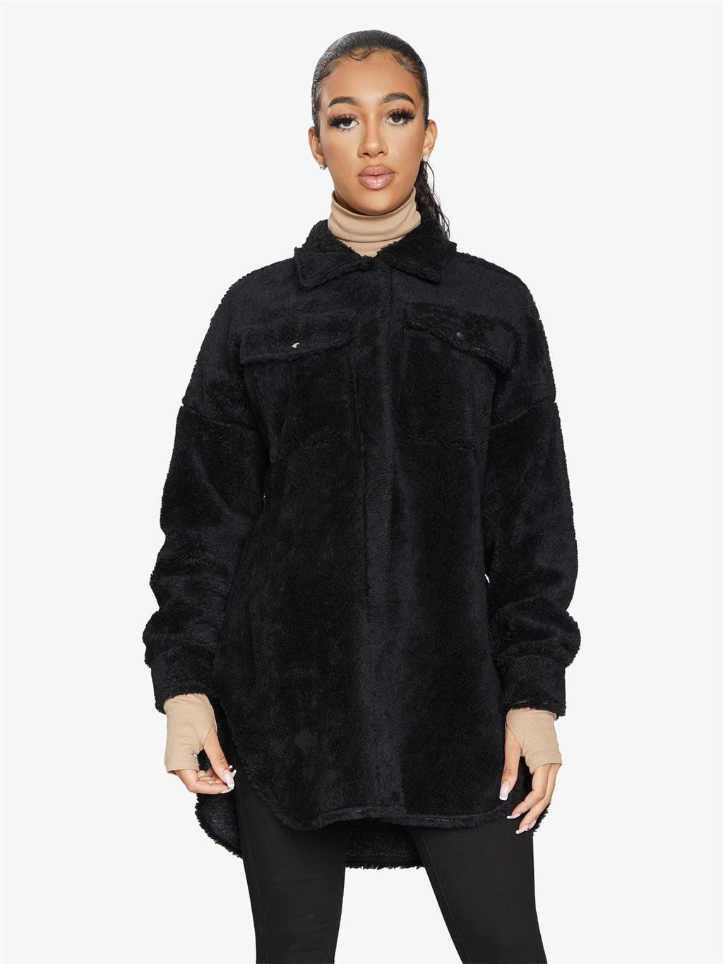 Oversized Stud Button Borg Teddy Shacket