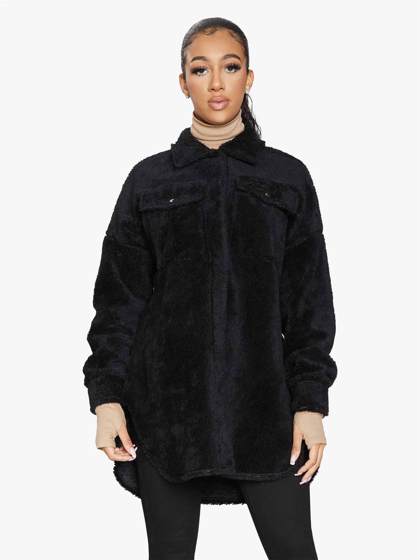 Oversized Stud Button Borg Teddy Shacket
