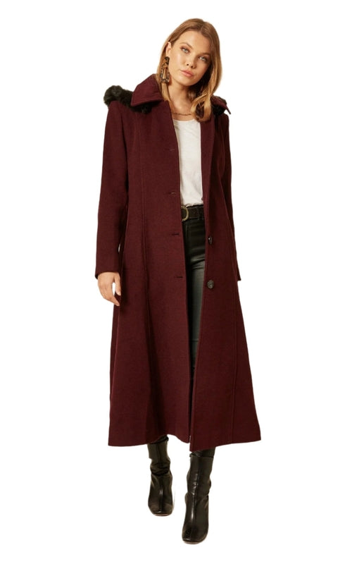 Wool Feel Faux Fur Trim Hooded Long Coat