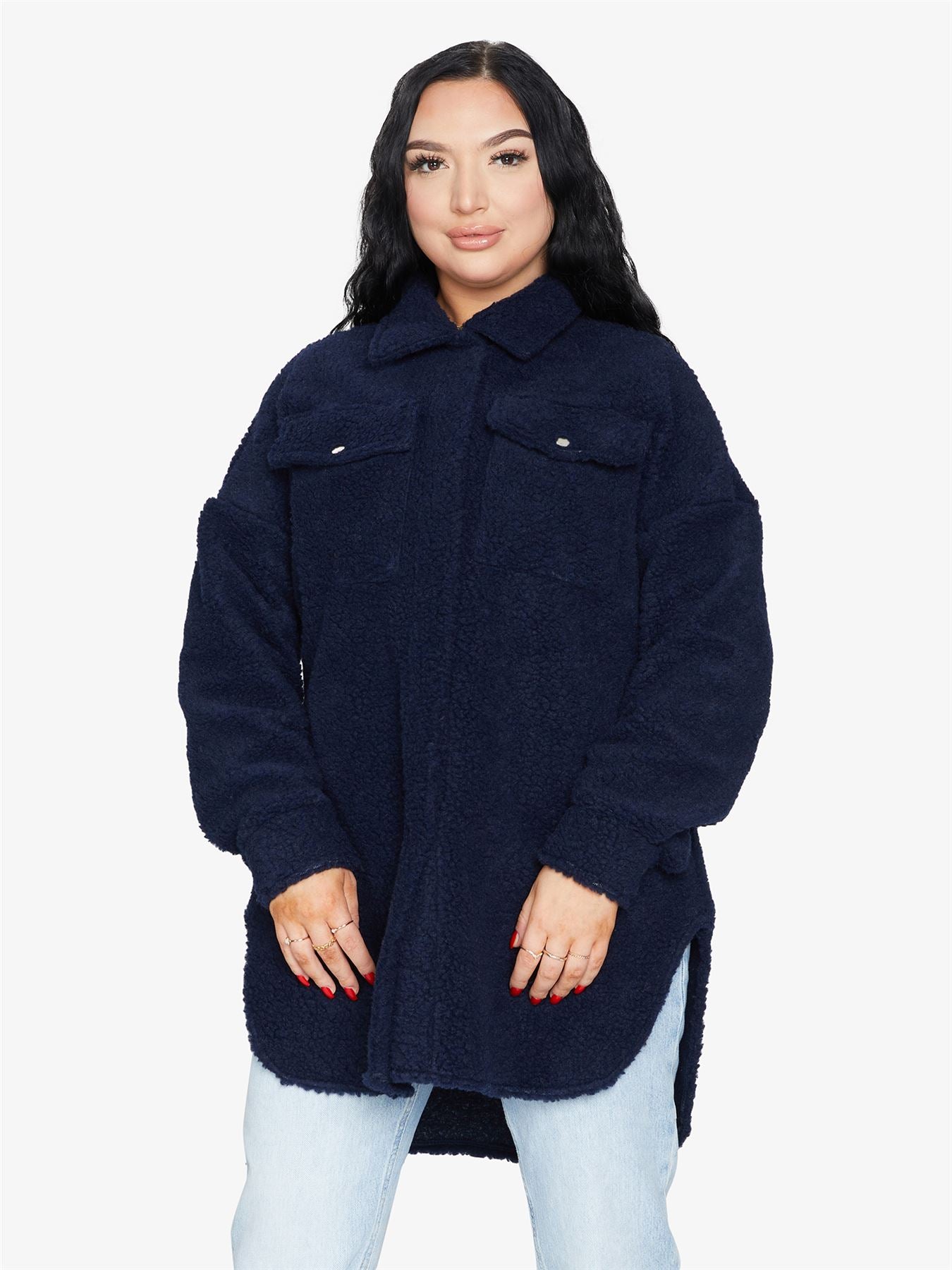 Oversized Stud Button Borg Teddy Shacket