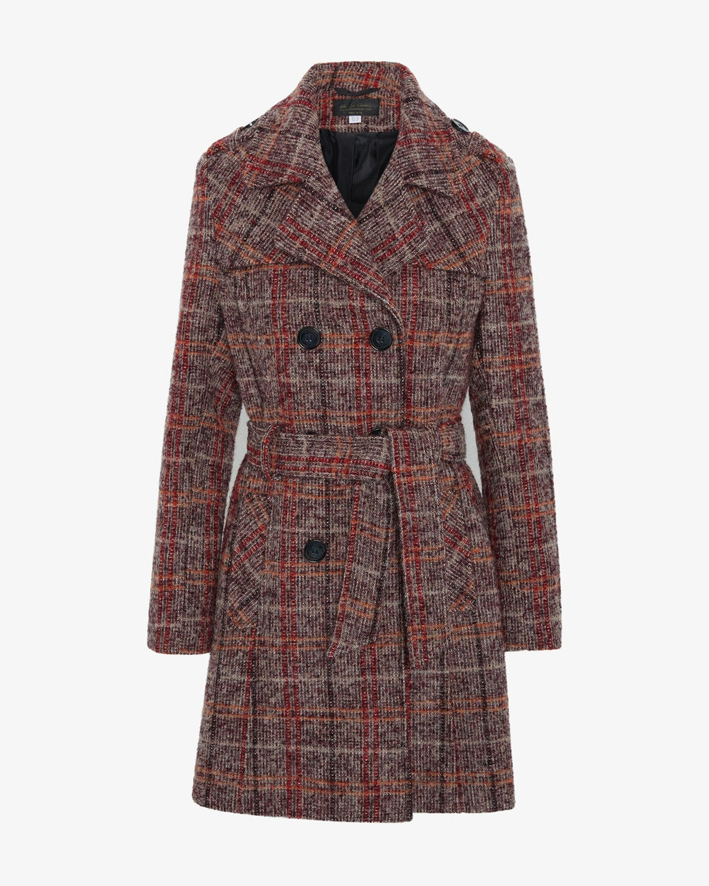Wool Blend Check Double Breasted Military Coat