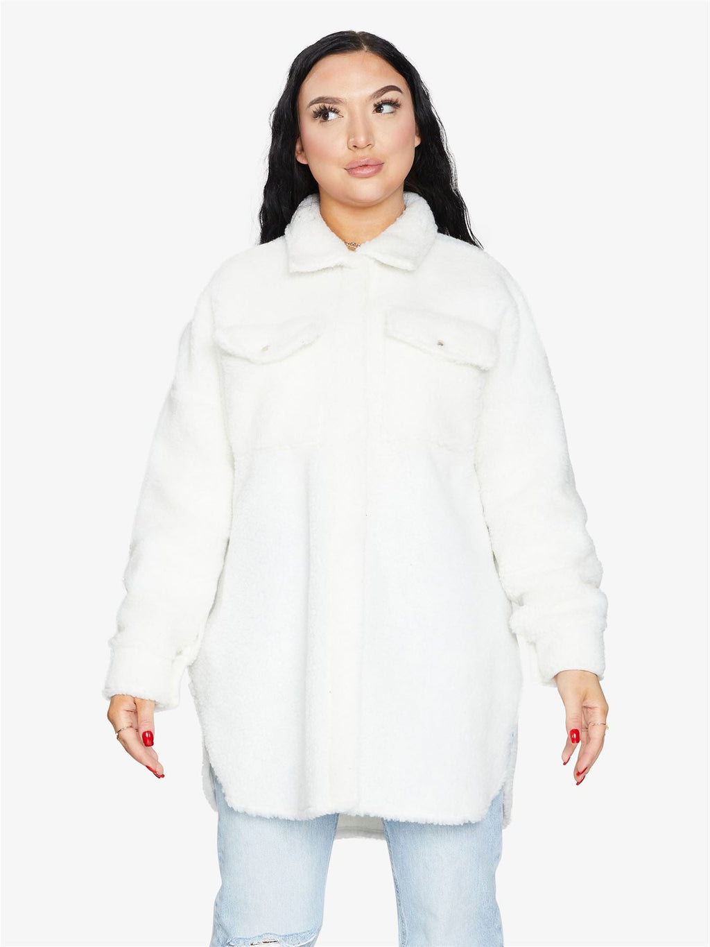 Oversized Stud Button Borg Teddy Shacket