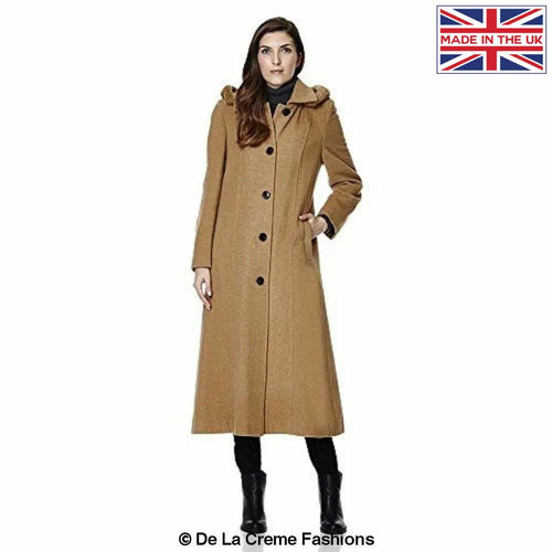 Wool Feel Faux Fur Trim Hooded Long Coat
